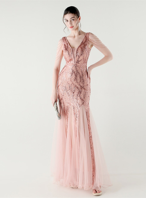 In Stock:Ship in 48 Hours Pink V-neck Sequins Tulle Party Dress