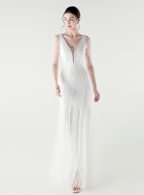 In Stock:Ship in 48 Hours White V-neck Sequins Tulle Party Dress