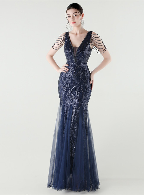 In Stock:Ship in 48 Hours Navy Blue V-neck Sequins Tulle Party Dress