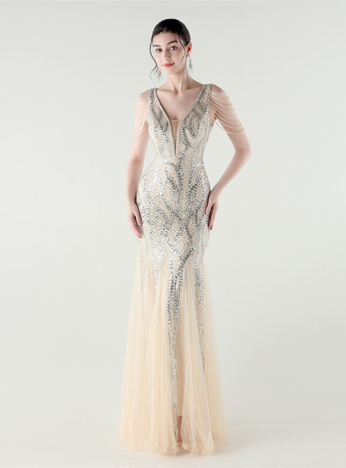 In Stock:Ship in 48 Hours Apricot Silver V-neck Sequins Tulle Party Dress