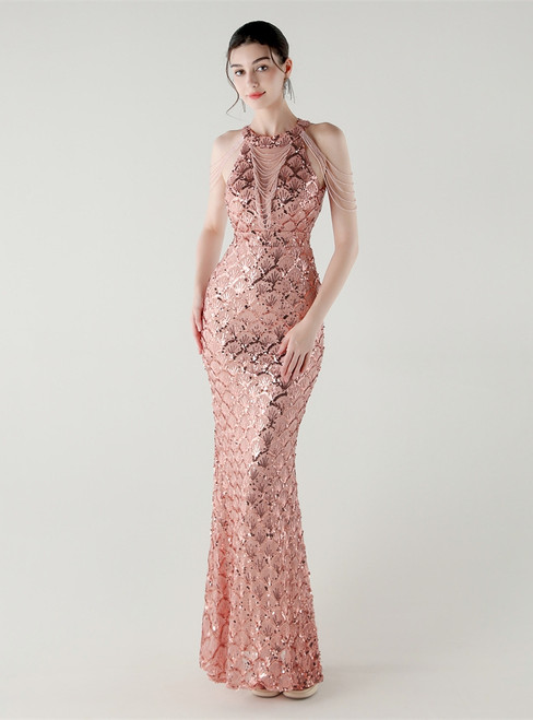 In Stock:Ship in 48 Hours Pretty Pink Sequins Halter Beading Party Dress