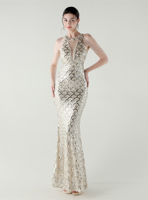 In Stock:Ship in 48 Hours Gorgeous Silver Sequins Halter Beading Party Dress