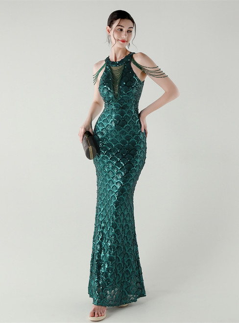 In Stock:Ship in 48 Hours Green Sequins Halter Beading Party Dress