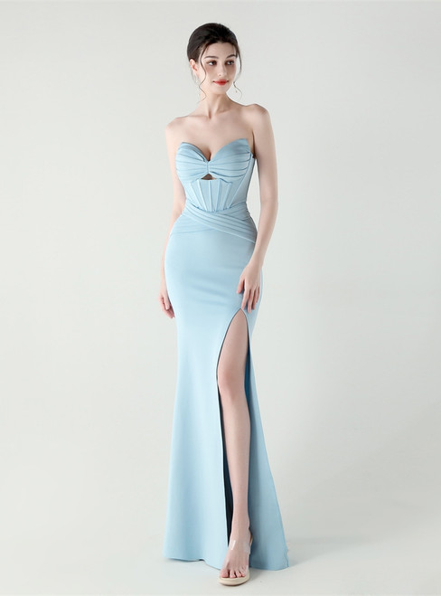 In Stock:Ship in 48 Hours Sexy Sky Blue Mermaid Straps Pleats Party Dress