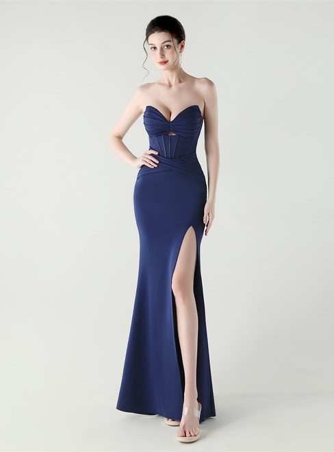 In Stock:Ship in 48 Hours Sexy Navy Blue Mermaid Straps Pleats Party Dress