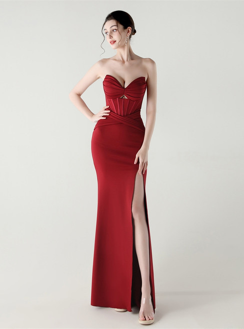 In Stock:Ship in 48 Hours Stylish Burgundy Mermaid Straps Pleats Party Dress