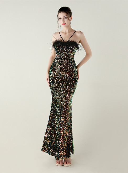 In Stock:Ship in 48 Hours Colorful Black Feather Sequins Party Dress