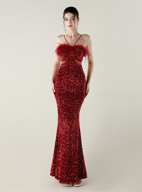 In Stock:Ship in 48 Hours Burgundy Feather Sequins Party Dress