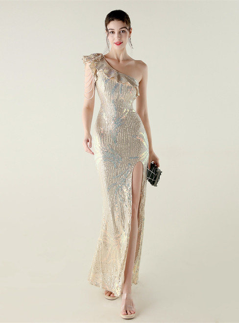 In Stock:Ship in 48 Hours Apricot Split Sequins One Shoulder Party 