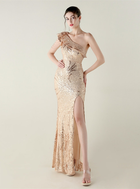 In Stock:Ship in 48 Hours Gold Split Sequins One Shoulder Party 