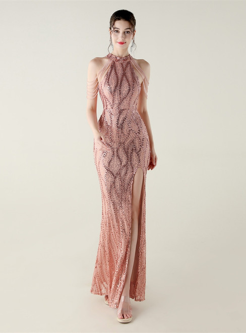 In Stock:Ship in 48 Hours Pink Sequins Halter Beading Party Dress