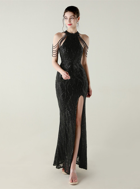 In Stock:Ship in 48 Hours Sexy Black Sequins Halter Beading Party Dress