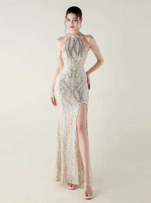 In Stock:Ship in 48 Hours Sexy Apricot Silver Sequins Halter Beading Party Dress