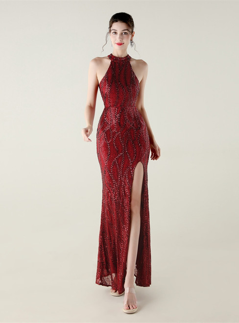 In Stock:Ship in 48 Hours Burgundy Halter Backless Sequins Beading Party Dress