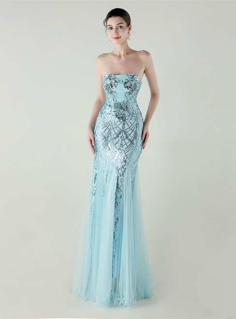In Stock:Ship in 48 Hours Sky Blue Sequins Strapless Party Dress