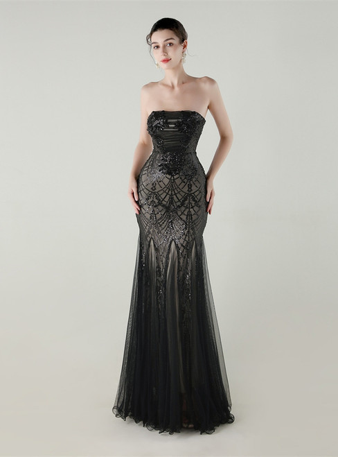 In Stock:Ship in 48 Hours Attractive Black Sequins Strapless Party Dress