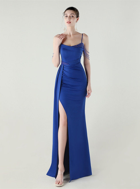 In Stock:Ship in 48 Hours Royal Blue Spaghetti Straps Split Pleats Beading Party Dress