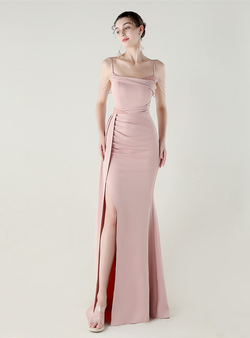 In Stock:Ship in 48 Hours Pink Spaghetti Straps Split Pleats Beading Party Dress