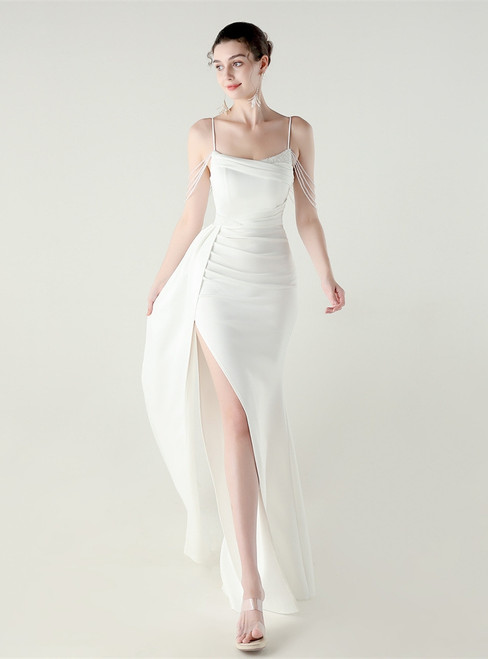 In Stock:Ship in 48 Hours White Spaghetti Straps Split Pleats Beading Party Dress