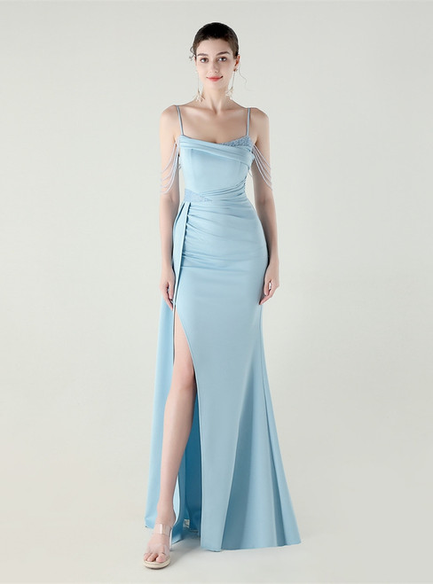 In Stock:Ship in 48 Hours Sky Blue Spaghetti Straps Split Pleats Beading Party Dress