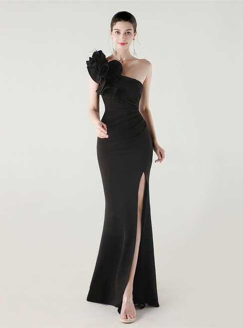 In Stock:Ship in 48 Hours Best Black One Shoulder Feather Party Dress