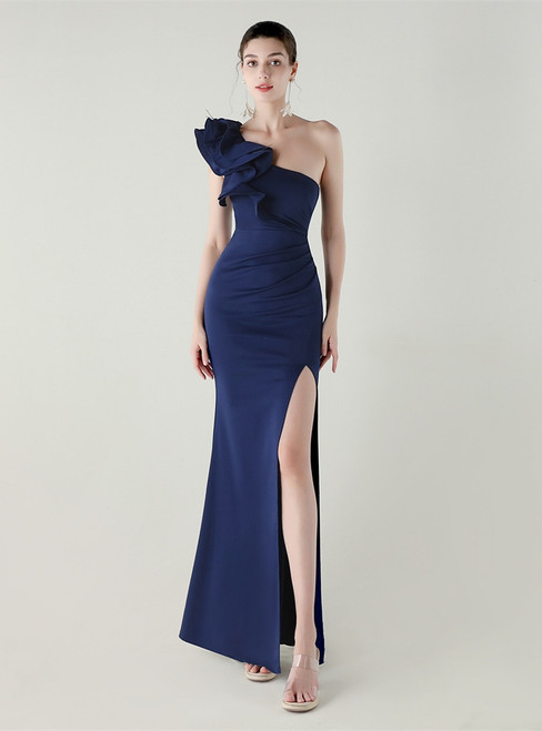 In Stock:Ship in 48 Hours New arrivals Navy Blue One Shoulder Feather Party Dress