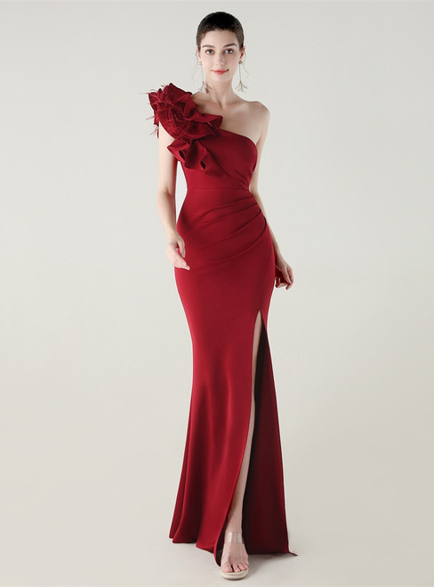 In Stock:Ship in 48 Hours Alluring Burgundy One Shoulder Feather Party Dress