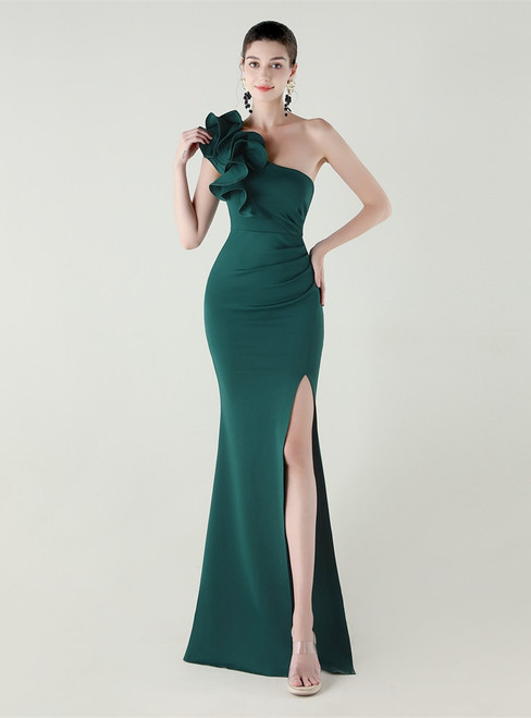 In Stock:Ship in 48 Hours Dark Green One Shoulder Split Party Dress