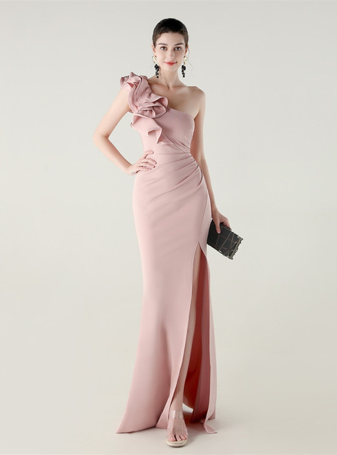 In Stock:Ship in 48 Hours Dazzling Pink One Shoulder Split Party Dress