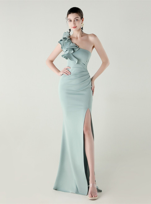 In Stock:Ship in 48 Hours Lake Green One Shoulder Split Party Dress