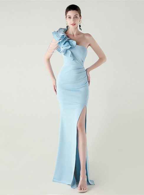 In Stock:Ship in 48 Hours Sky Blue Mermaid One Shoulder Beading Party Dress