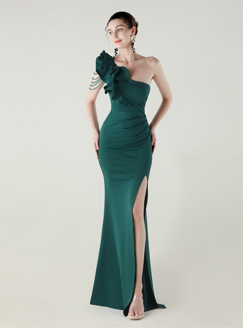 In Stock:Ship in 48 Hours Dramatic Green Mermaid One Shoulder Beading Party Dress