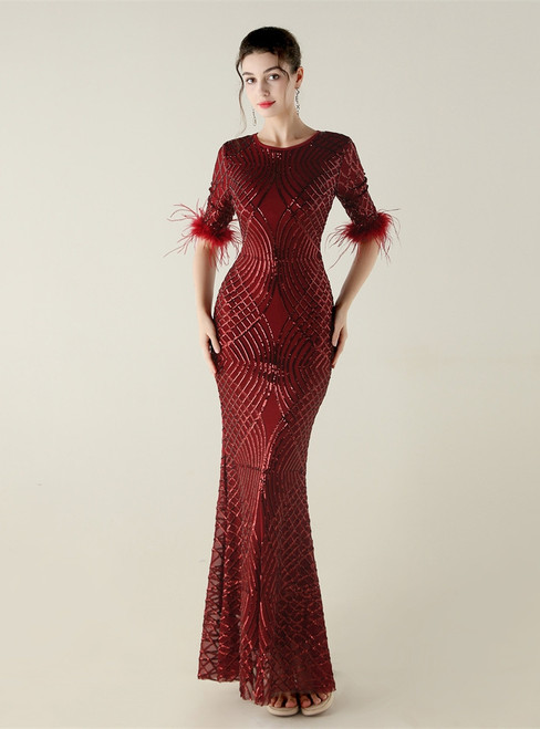 In Stock:Ship in 48 Hours Concise Burgundy Mermaid Sequins Short Sleeve Party Dress