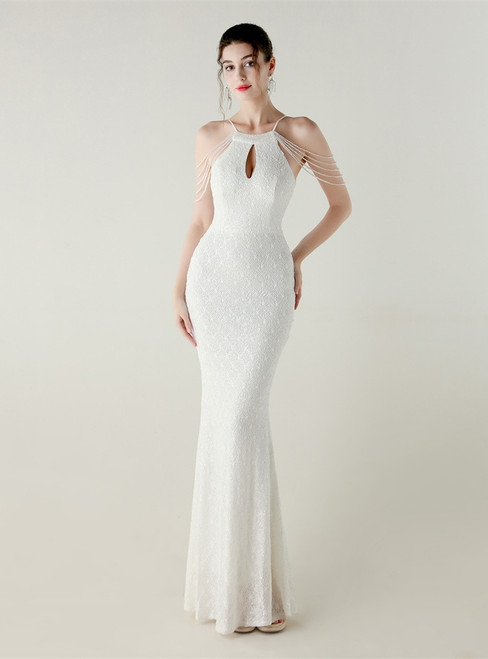 In Stock:Ship in 48 Hours Adorable White Sequins Halter Beading Party Dress