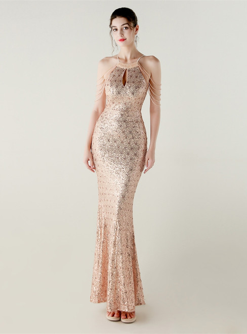 In Stock:Ship in 48 Hours Lovely Gold Sequins Halter Beading Party Dress