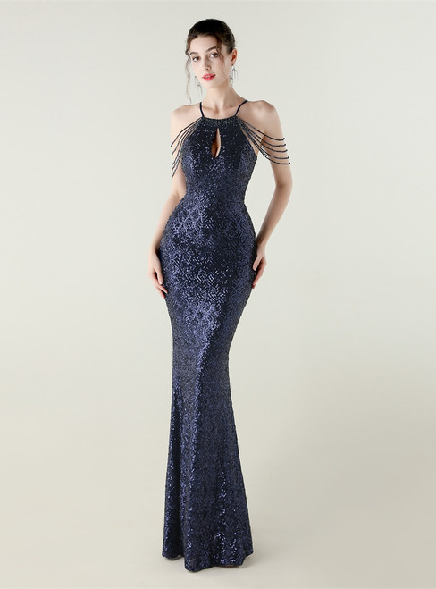 In Stock:Ship in 48 Hours Navy Blue Sequins Halter Beading Party Dress