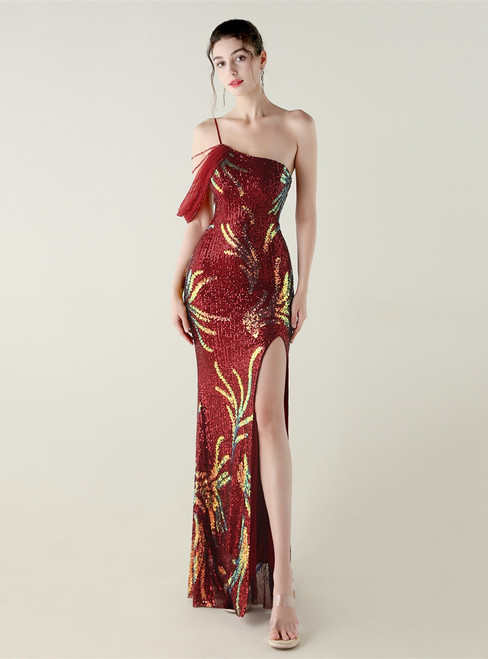 In Stock:Ship in 48 Hours Burgundy Sequins One Shoulder Beading Party Dress