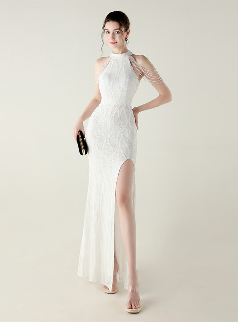 In Stock:Ship in 48 Hours Casual White Sequins Backless Beading Party Dress