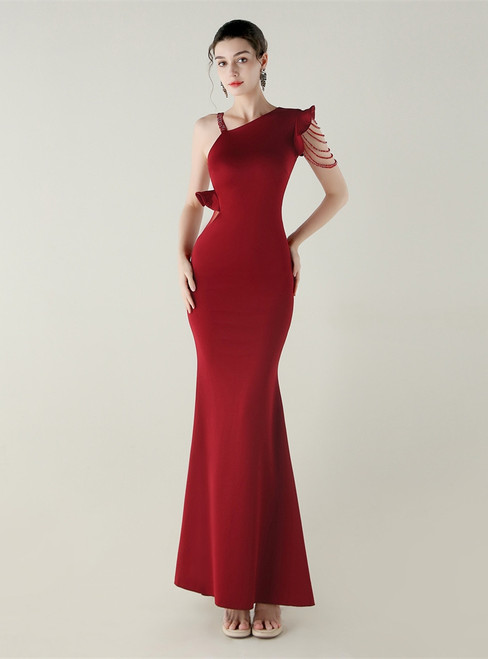 In Stock:Ship in 48 Hours Burgundy Irregular Neck Beading Party Dress