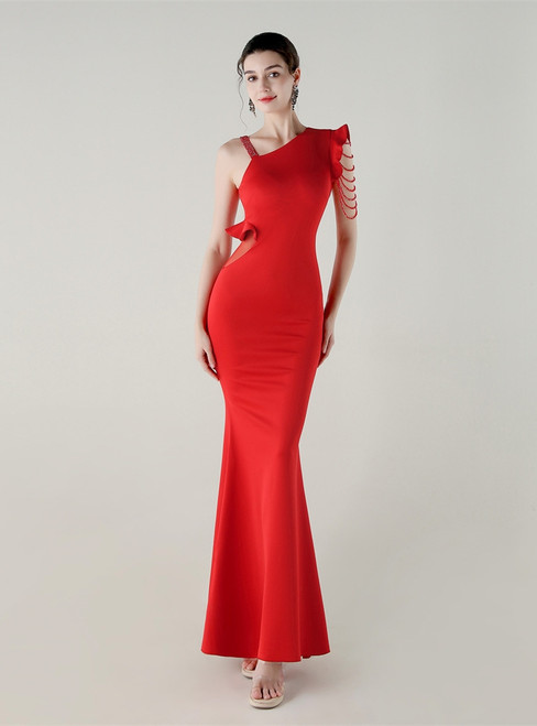 In Stock:Ship in 48 Hours Red Irregular Neck Beading Party Dress