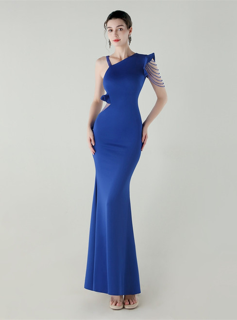 In Stock:Ship in 48 Hours Royal Blue Irregular Neck Beading Party Dress