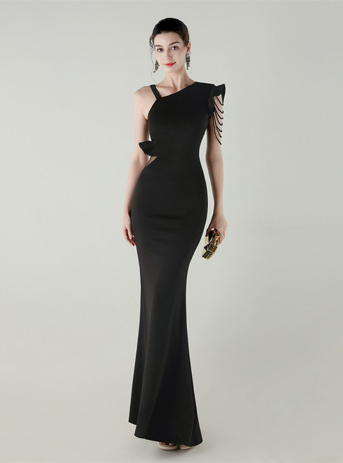 In Stock:Ship in 48 Hours Black Irregular Neck Beading Party Dress