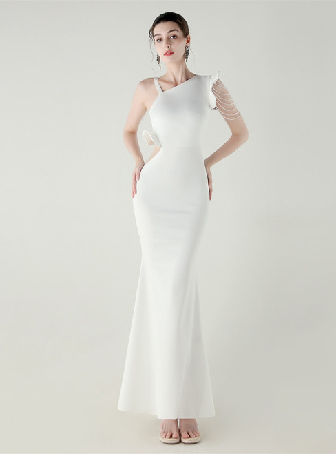 In Stock:Ship in 48 Hours White Irregular Neck Beading Party Dress