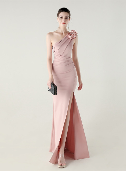 In Stock:Ship in 48 Hours Pink One Shoulder Pleats Party Dress