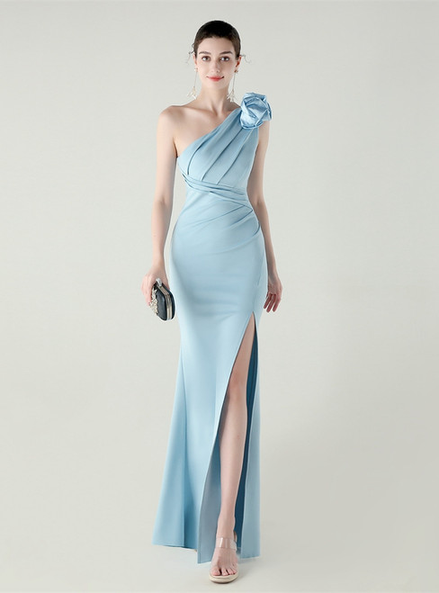 In Stock:Ship in 48 Hours Sky Blue One Shoulder Pleats Party Dress