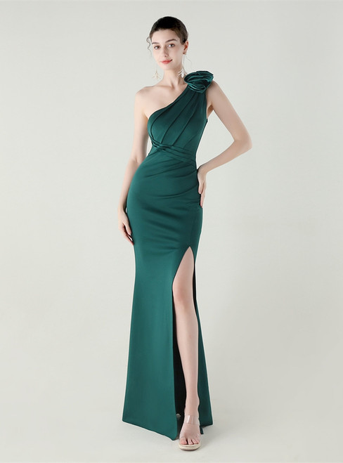 In Stock:Ship in 48 Hours Best Dark Green One Shoulder Pleats Party Dress