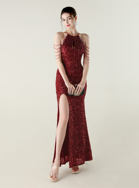 In Stock:Ship in 48 Hours Burgundy Sequins Halter Split Beading Party Dress