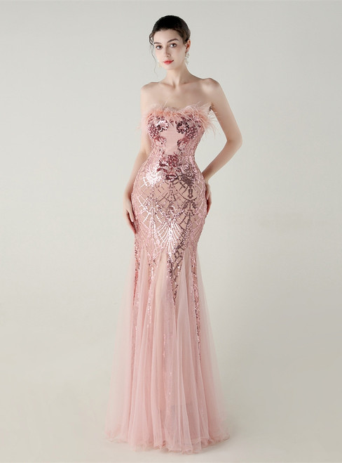 In Stock:Ship in 48 Hours Pink Sequins Tulle Feather Party Dress