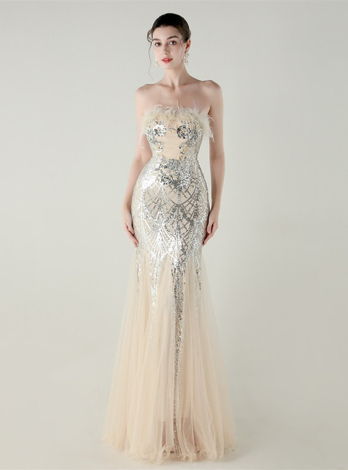 In Stock:Ship in 48 Hours Stylish Apricot Silver Sequins Tulle Feather Party Dress