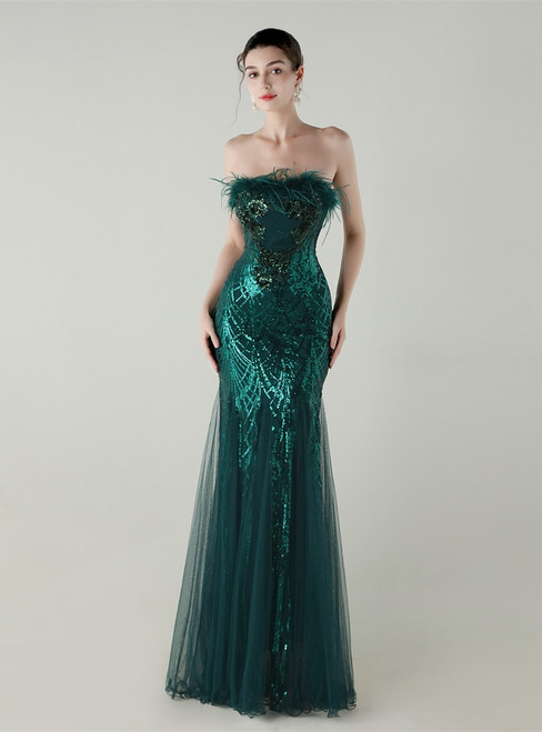 In Stock:Ship in 48 Hours Glamorous Green Sequins Tulle Feather Party Dress